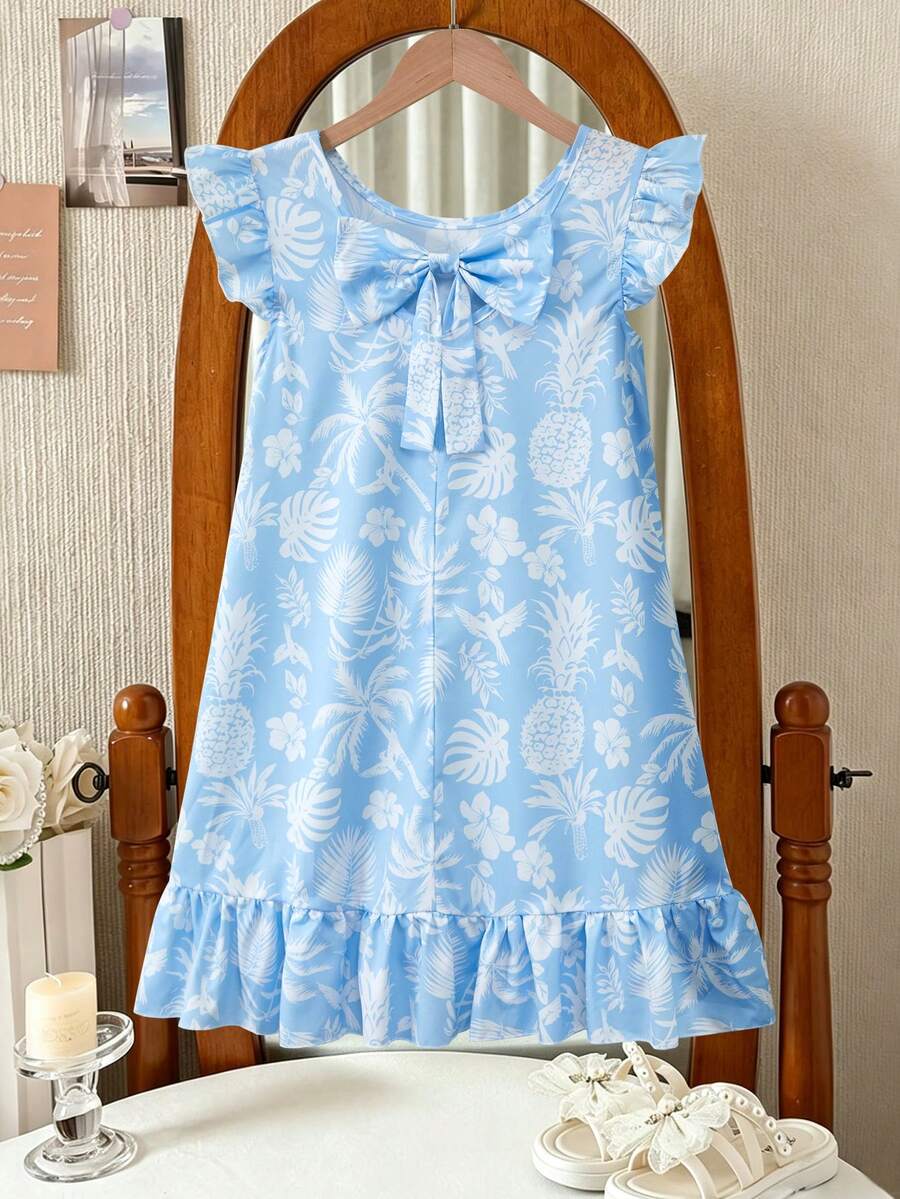 Tween girls apricot vacation midi dress featuring a round neck, cut out details, ruffle flounce accents, and geometric pattern.