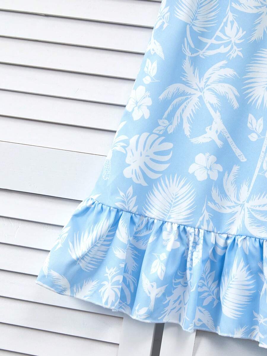Tween girls apricot vacation midi dress featuring a round neck, cut out details, ruffle flounce accents, and geometric pattern.