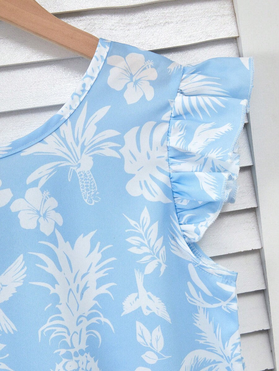 Tween girls apricot vacation midi dress featuring a round neck, cut out details, ruffle flounce accents, and geometric pattern.