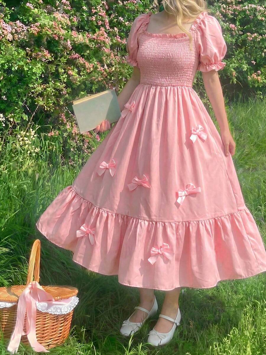 ChillGRL square neck short puff sleeve A-line long dress for teen girls featuring shirred high waist detailing and a flounce hem.