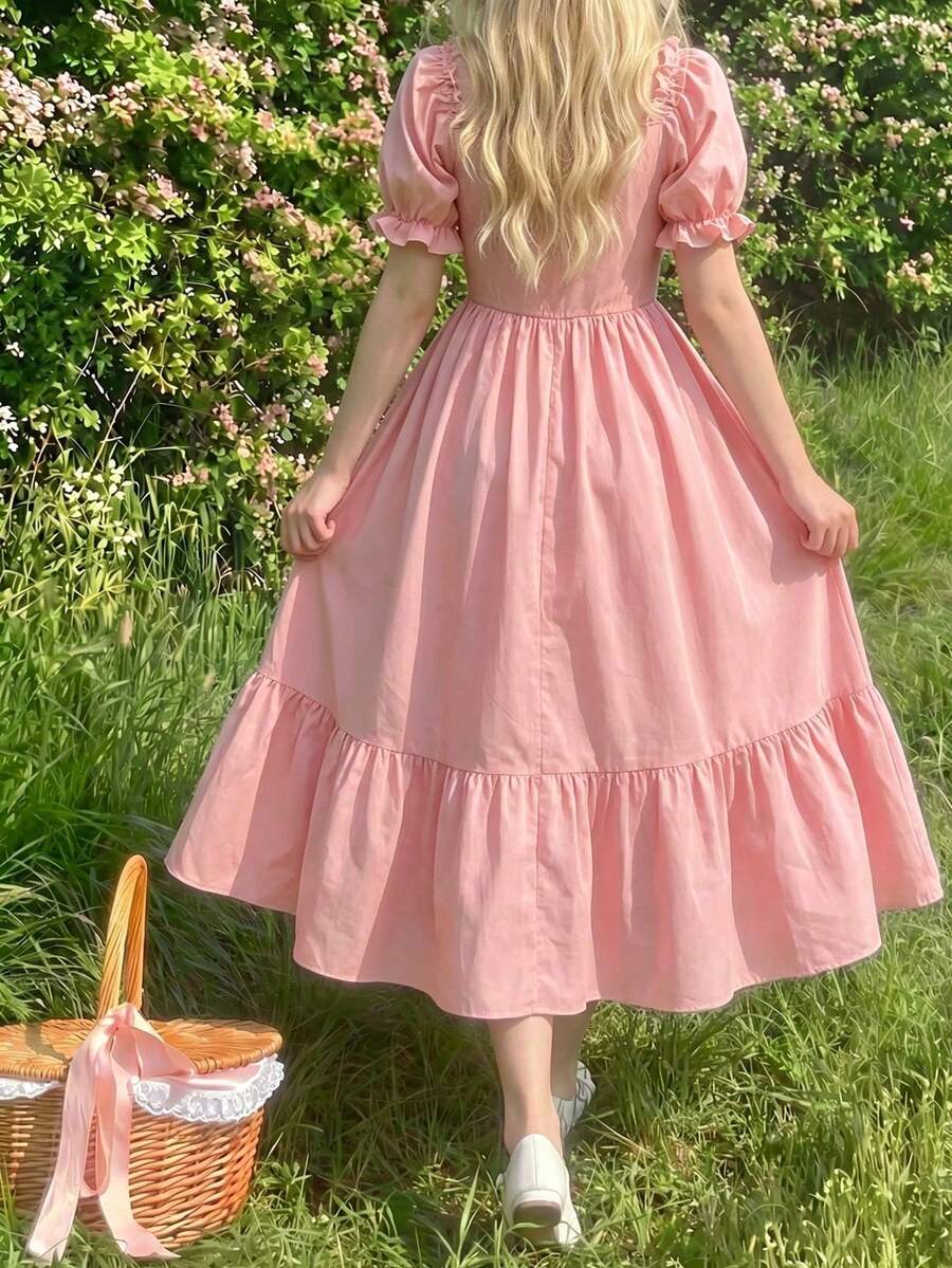 ChillGRL square neck short puff sleeve A-line long dress for teen girls featuring shirred high waist detailing and a flounce hem.