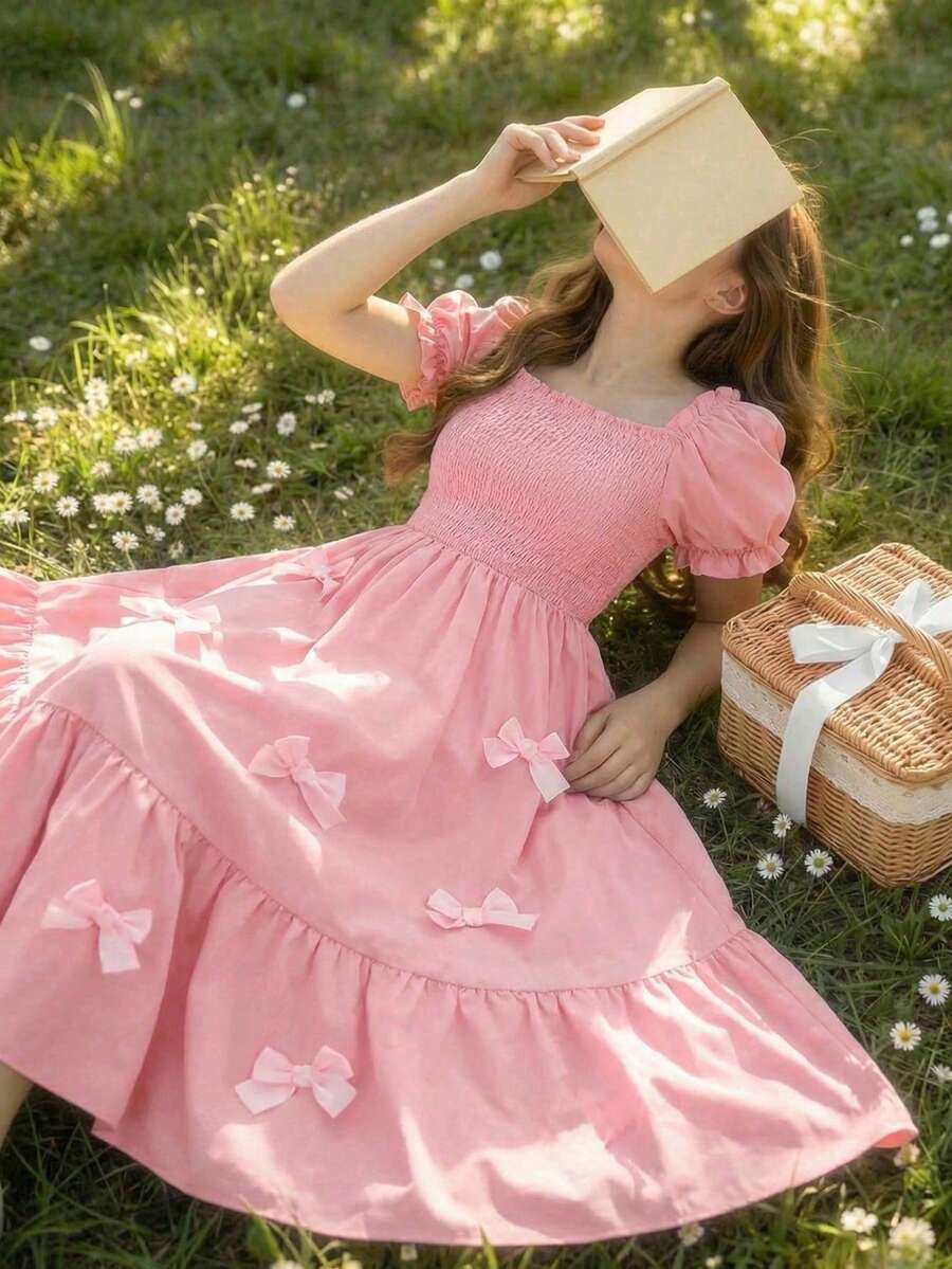 ChillGRL square neck short puff sleeve A-line long dress for teen girls featuring shirred high waist detailing and a flounce hem.