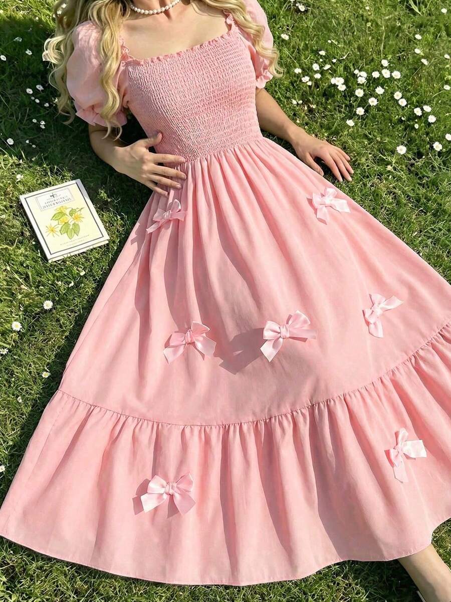 ChillGRL square neck short puff sleeve A-line long dress for teen girls featuring shirred high waist detailing and a flounce hem.