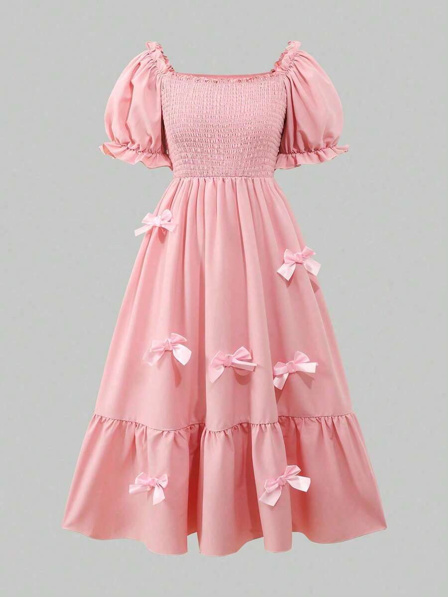 ChillGRL square neck short puff sleeve A-line long dress for teen girls featuring shirred high waist detailing and a flounce hem.