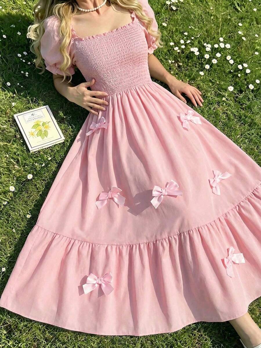 ChillGRL square neck short puff sleeve A-line long dress for teen girls featuring shirred high waist detailing and a flounce hem.