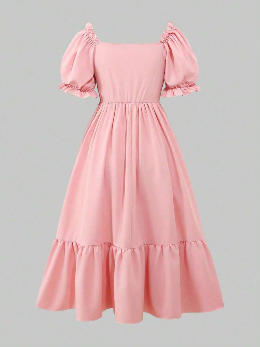 ChillGRL square neck short puff sleeve A-line long dress for teen girls featuring shirred high waist detailing and a flounce hem.