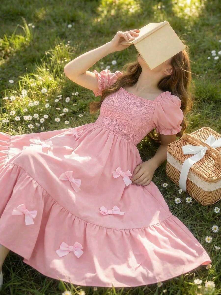 ChillGRL square neck short puff sleeve A-line long dress for teen girls featuring shirred high waist detailing and a flounce hem.