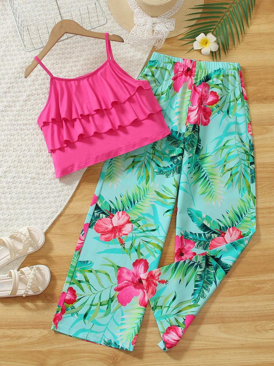 Tween girls blue 2-piece vacation outfit set featuring a tiered ruffle spaghetti strap camisole and loose high-waist pants.