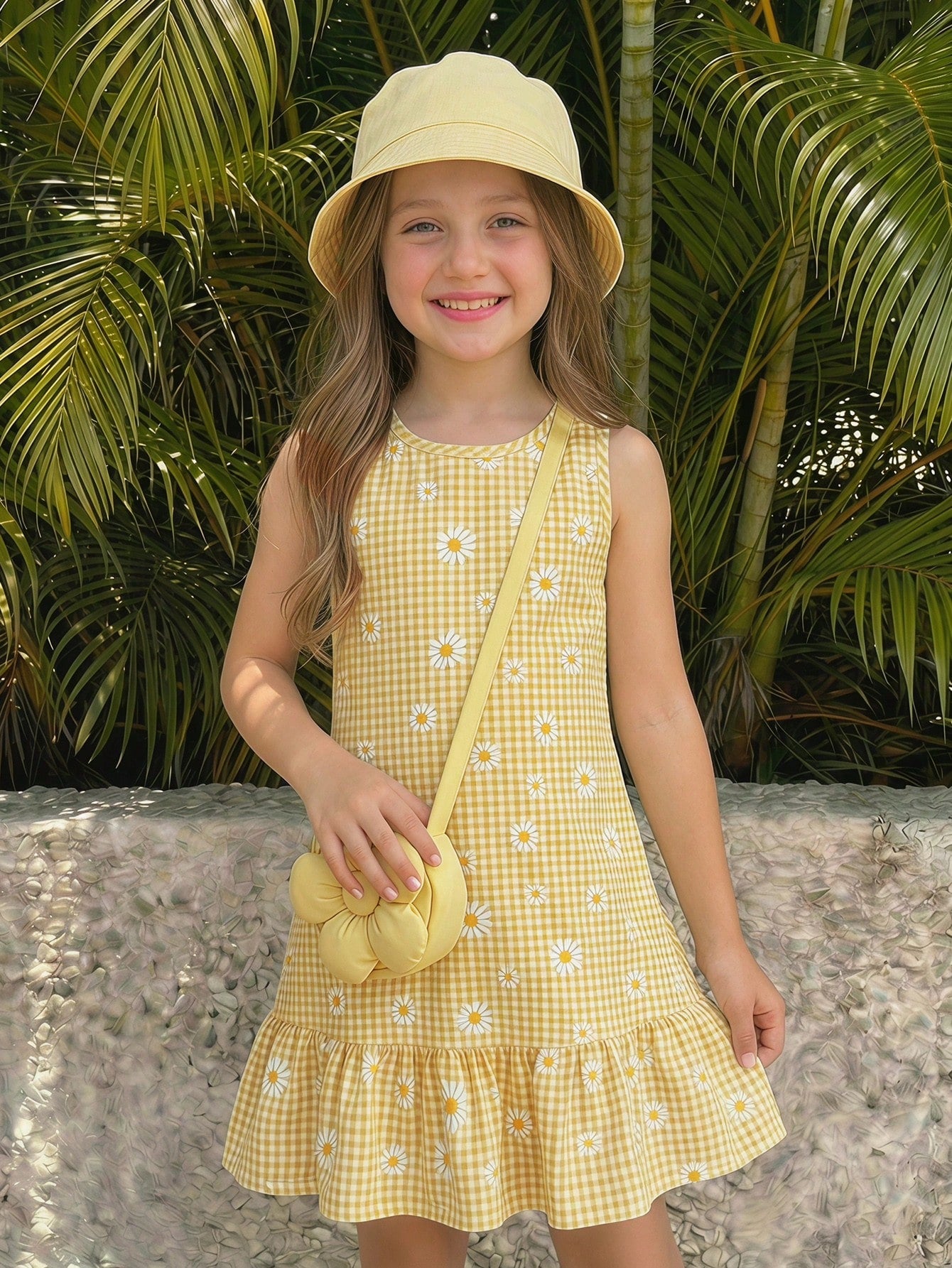 Tween girls sleeveless halter tunic dress with colorful rainbow striped colorblock pattern, button detail, short length, and regular fit for summer vacation or beach wear.