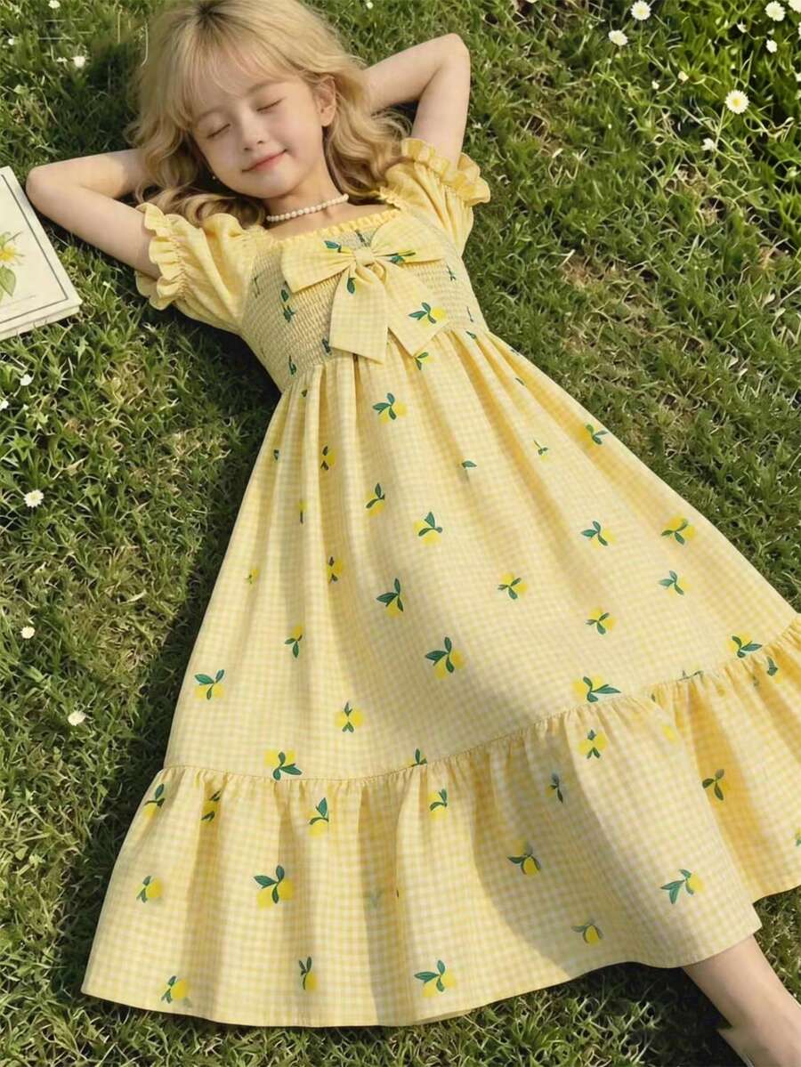 Tween girls black and white geometric short sleeve midi dress with square neck and bow front decor