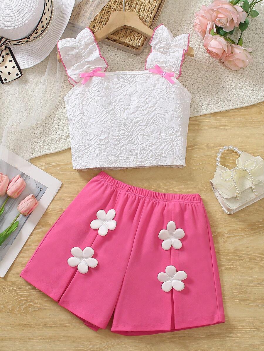 Apricot two-piece summer outfit for tween girls featuring a sleeveless pleated square-neck camisole top with button details and matching gathered shorts.