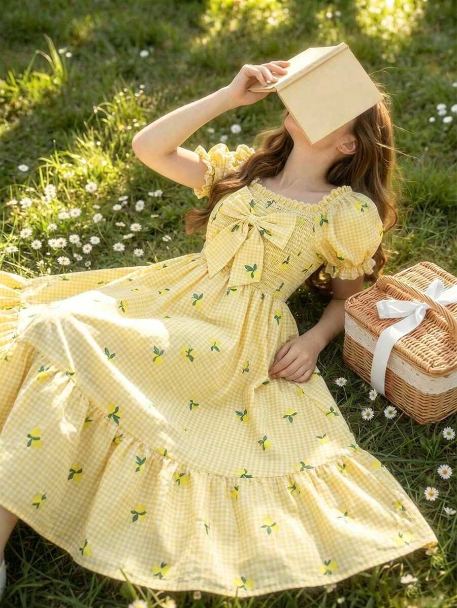 ChillGRL square neck short puff sleeve A-line long dress for teen girls featuring shirred high waist detailing and a flounce hem.