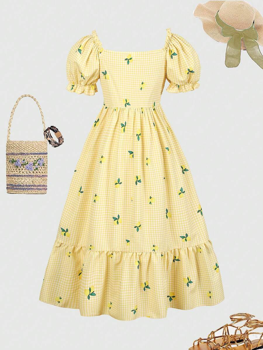 ChillGRL square neck short puff sleeve A-line long dress for teen girls featuring shirred high waist detailing and a flounce hem.