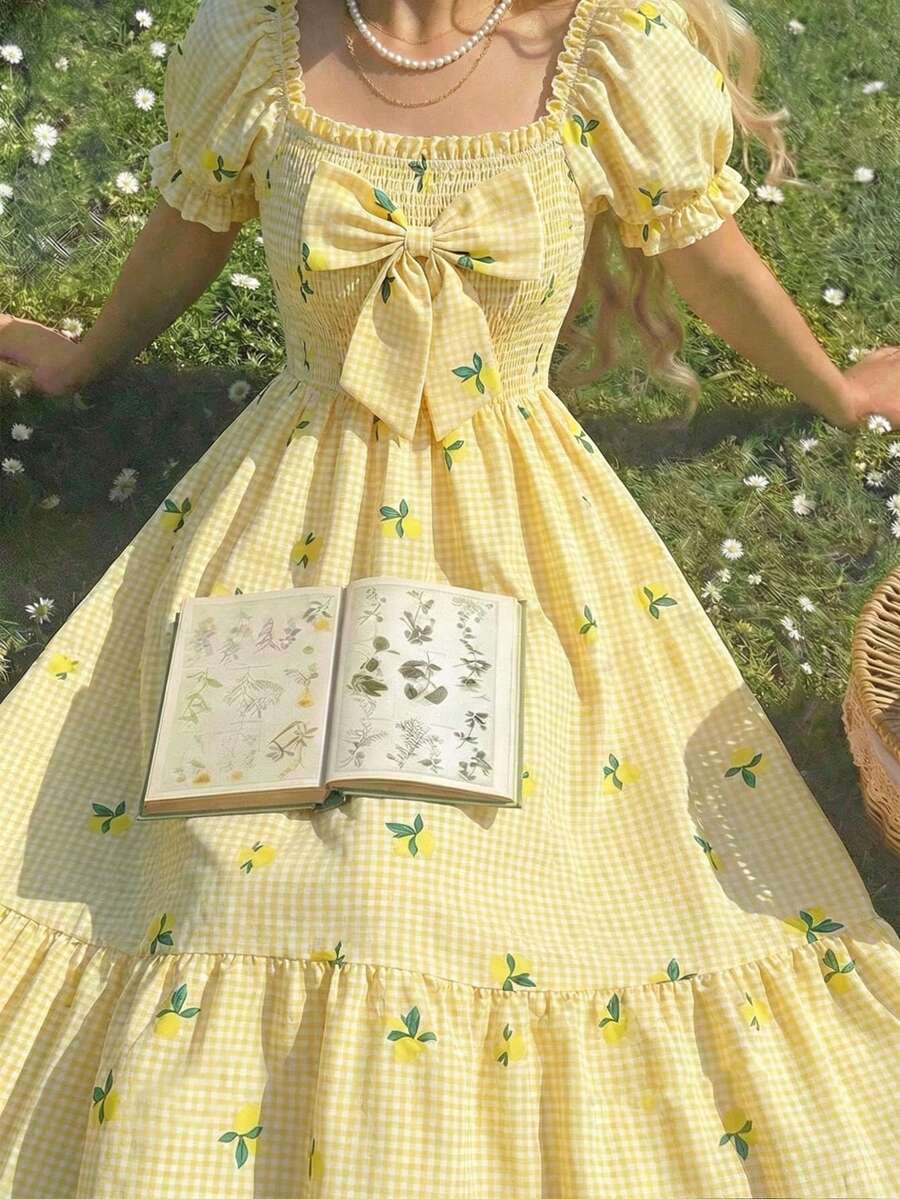 ChillGRL square neck short puff sleeve A-line long dress for teen girls featuring shirred high waist detailing and a flounce hem.
