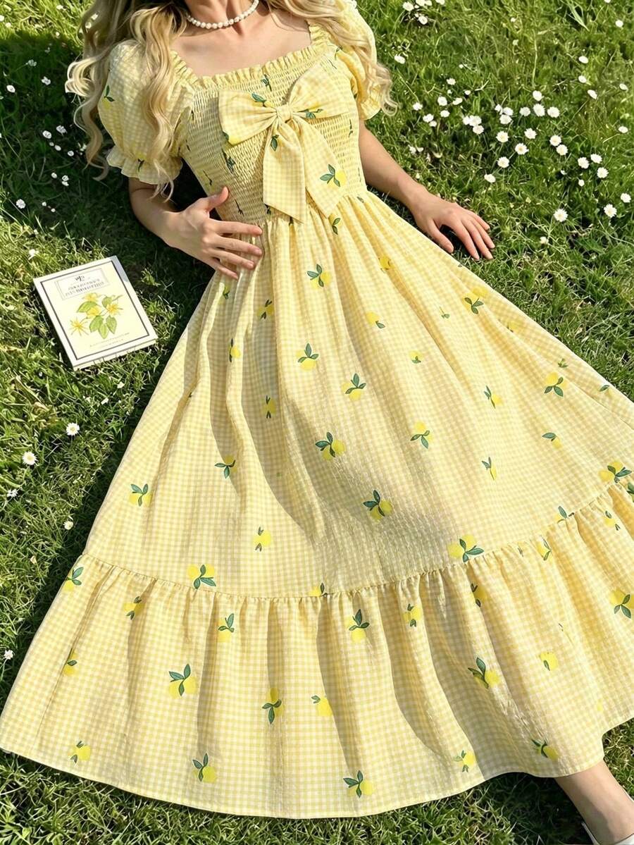 ChillGRL square neck short puff sleeve A-line long dress for teen girls featuring shirred high waist detailing and a flounce hem.