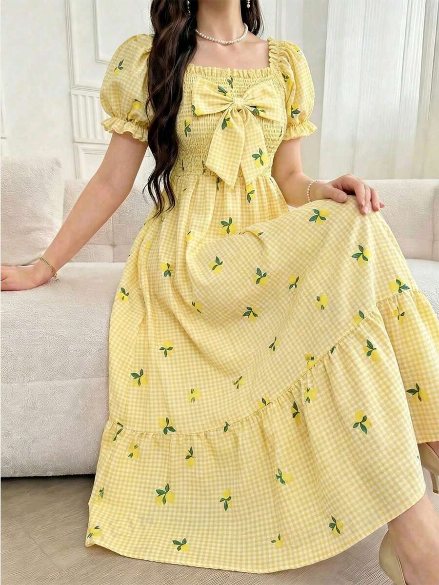ChillGRL square neck short puff sleeve A-line long dress for teen girls featuring shirred high waist detailing and a flounce hem.