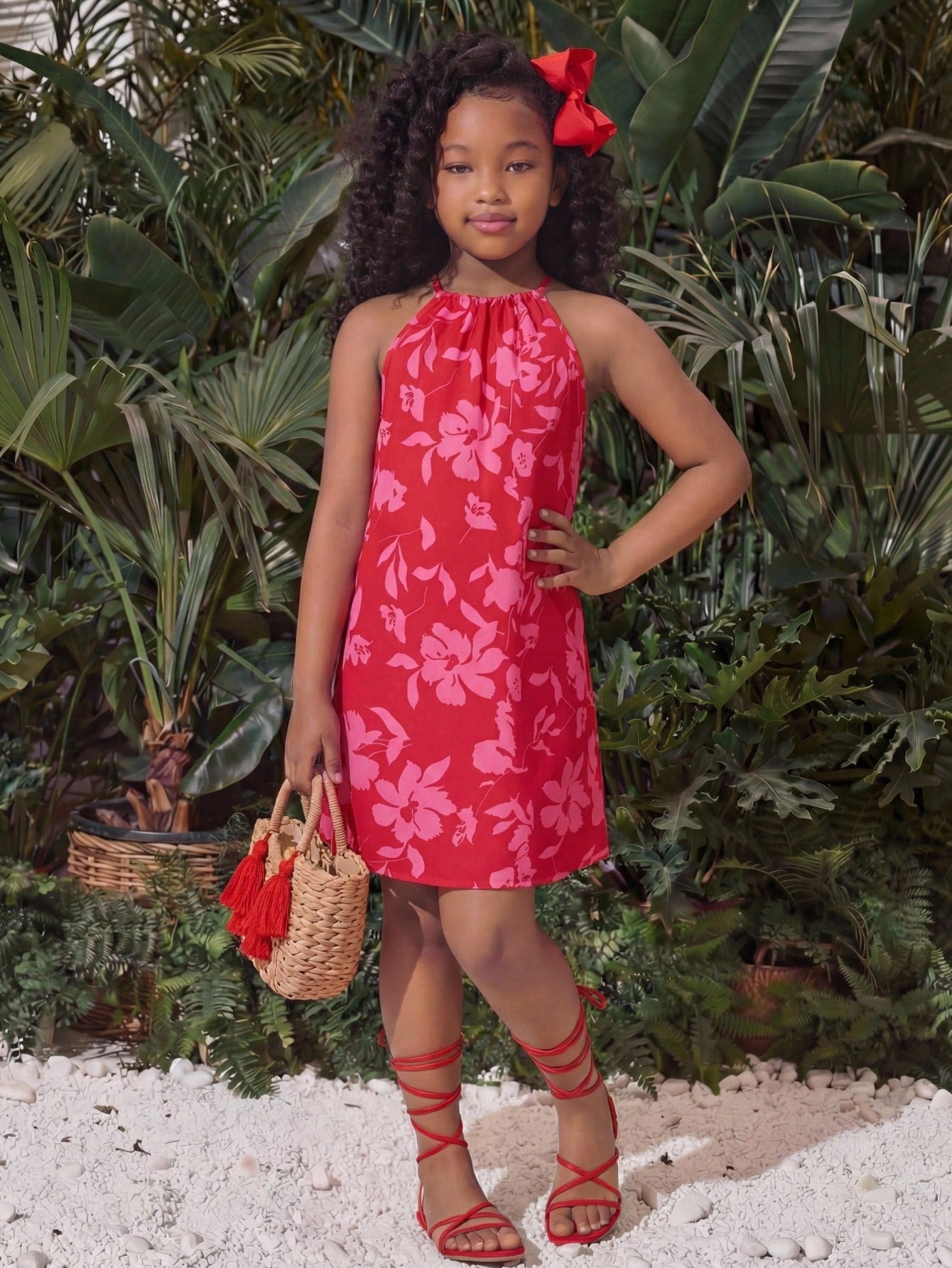 Tween girls floral halter neck sleeveless tunic dress with button detail, plant pattern, loose fit, short length, and vacation style for casual summer wear.