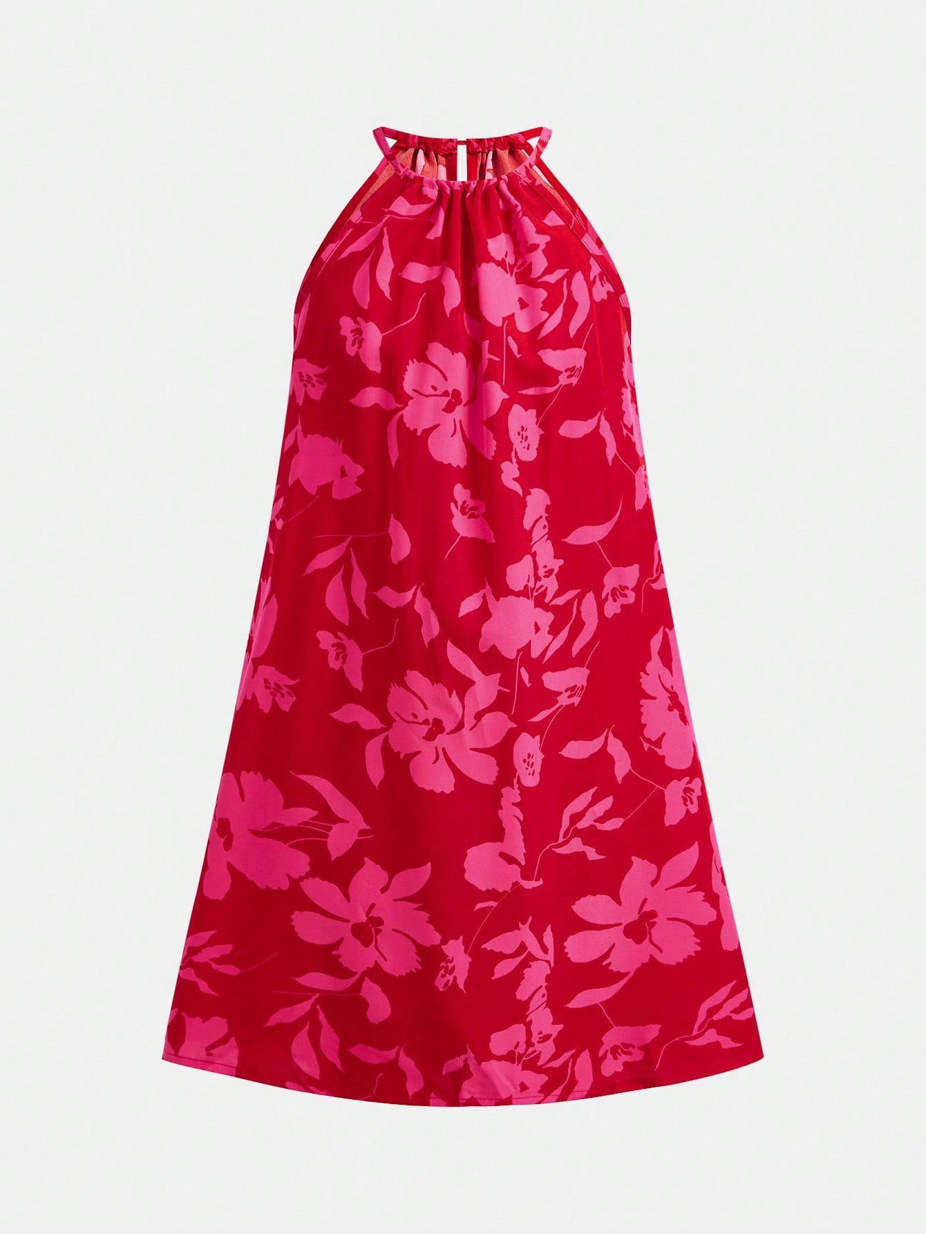 Tween girls floral halter neck sleeveless tunic dress with button detail, plant pattern, loose fit, short length, and vacation style for casual summer wear.