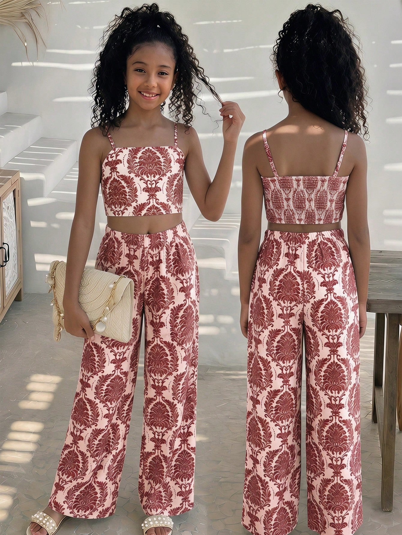 Tween girls casual 2-piece set featuring an apricot woven camisole crop top with back shirring and matching high-waisted loose long pants.