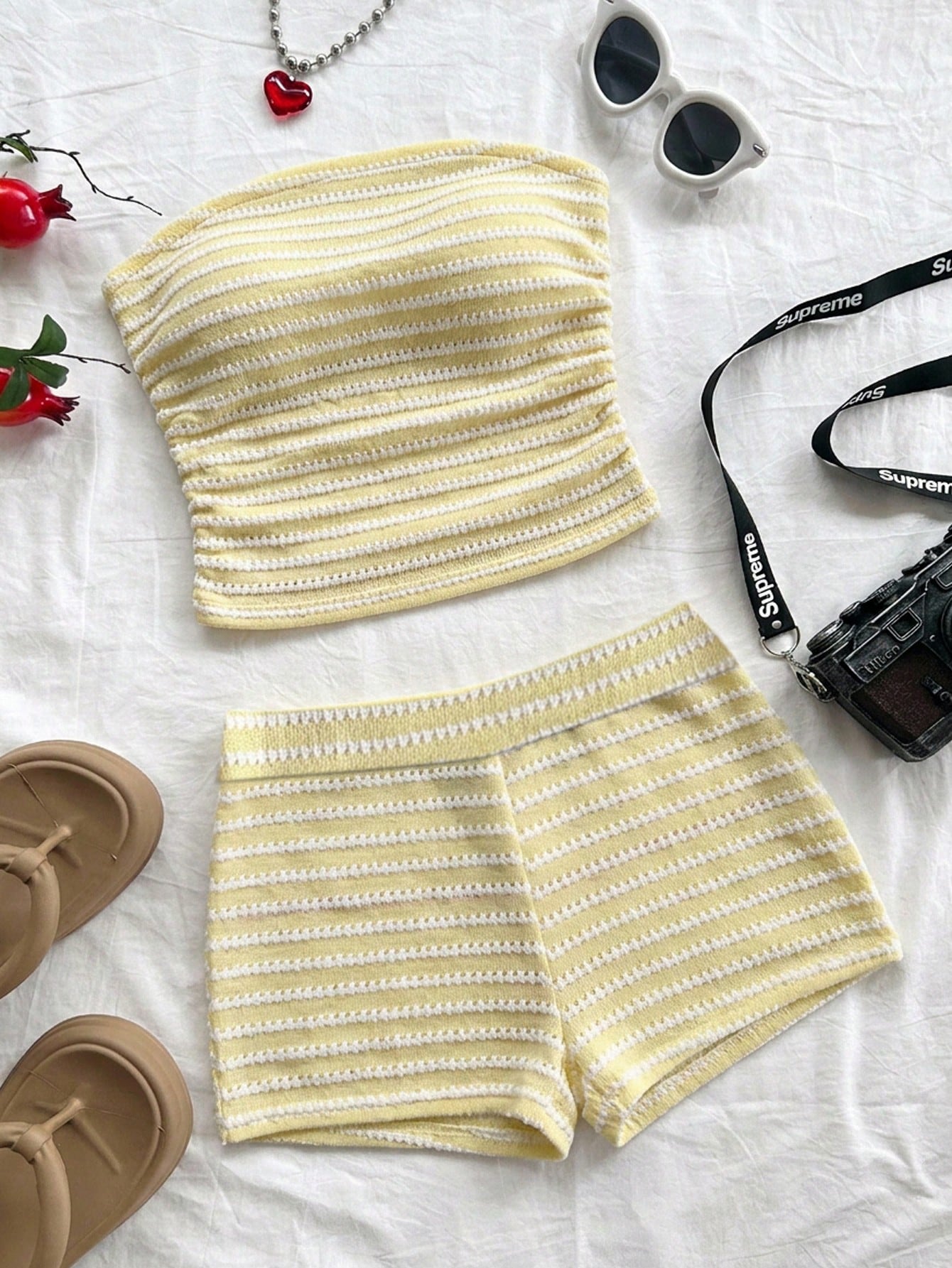 Black striped rib-knit halter tank top with lettuce trim and matching casual shorts for tween girls.