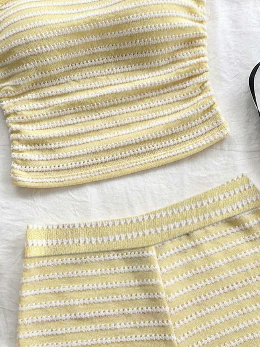 Black striped rib-knit halter tank top with lettuce trim and matching casual shorts for tween girls.