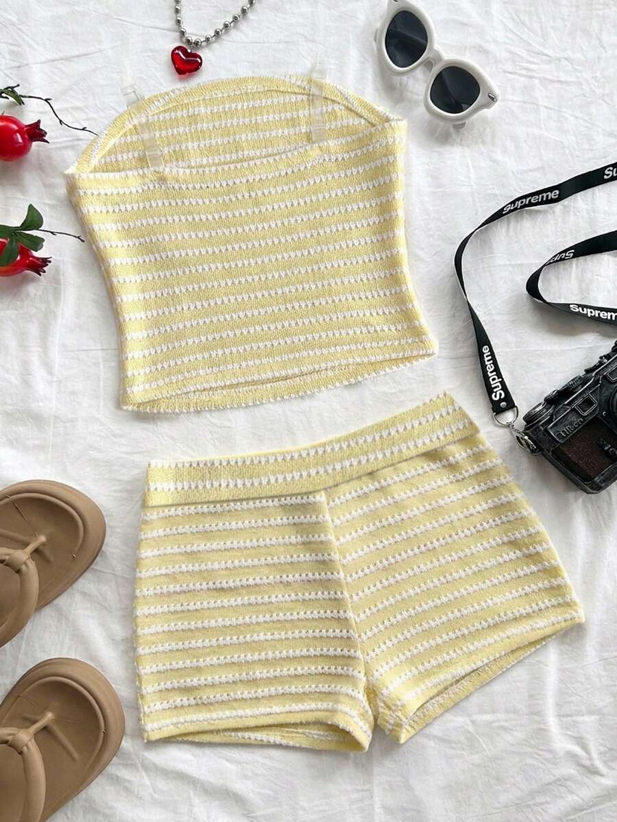 Black striped rib-knit halter tank top with lettuce trim and matching casual shorts for tween girls.