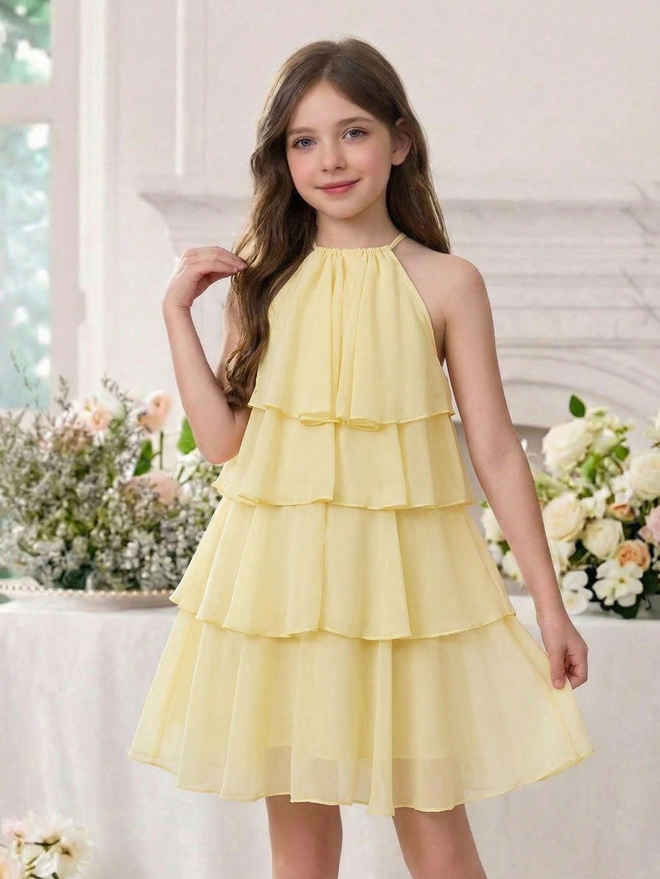 Apricot all-over floral print midi dress for tween girls featuring a sleeveless V-neckline, high waist, button details, and tiered A-line skirt.