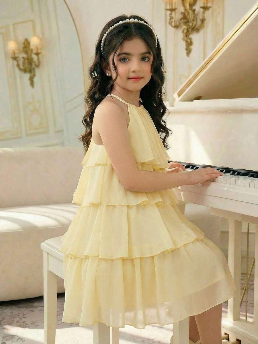 Apricot all-over floral print midi dress for tween girls featuring a sleeveless V-neckline, high waist, button details, and tiered A-line skirt.