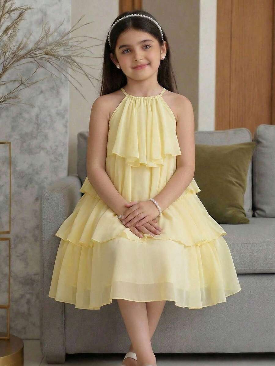 Apricot all-over floral print midi dress for tween girls featuring a sleeveless V-neckline, high waist, button details, and tiered A-line skirt.