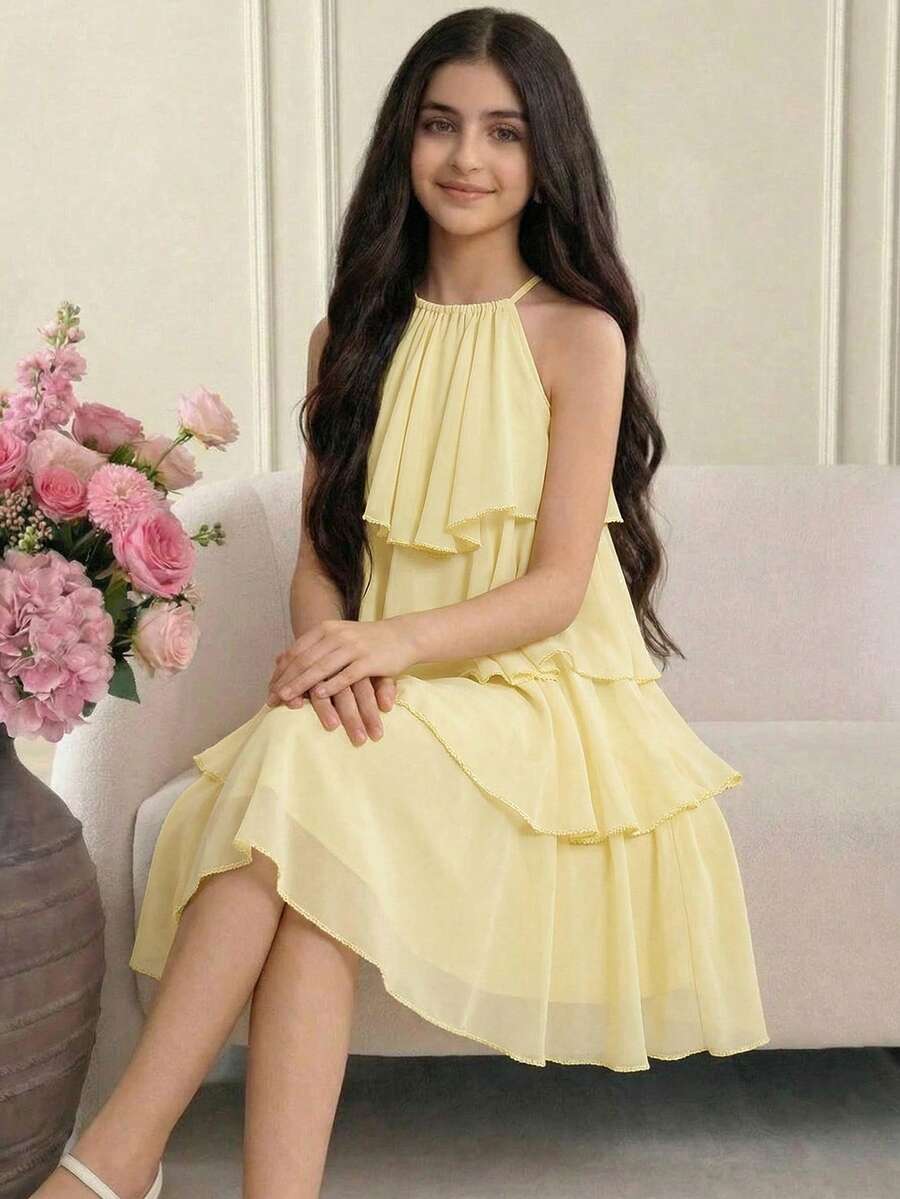 Apricot all-over floral print midi dress for tween girls featuring a sleeveless V-neckline, high waist, button details, and tiered A-line skirt.