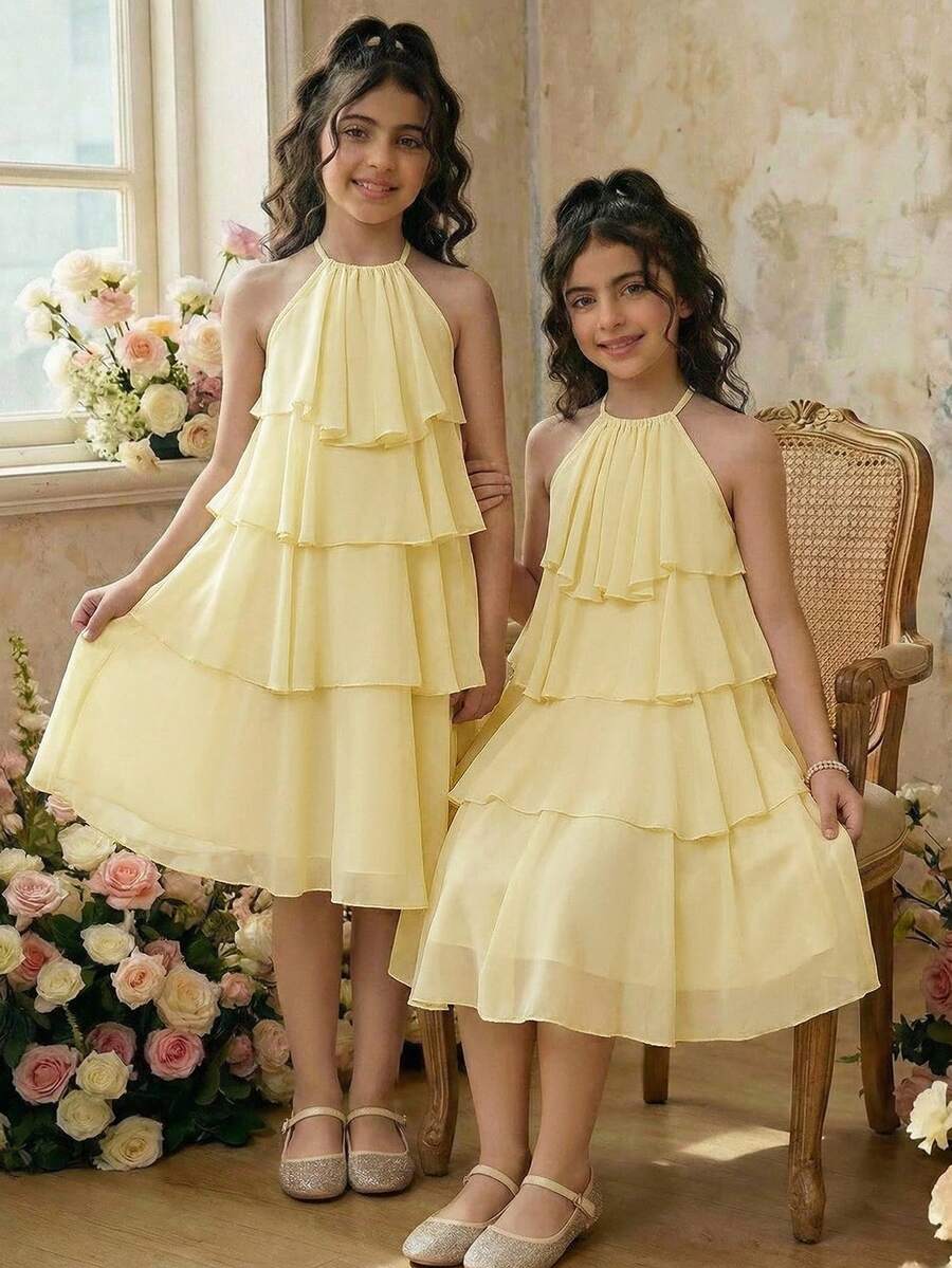 Apricot all-over floral print midi dress for tween girls featuring a sleeveless V-neckline, high waist, button details, and tiered A-line skirt.