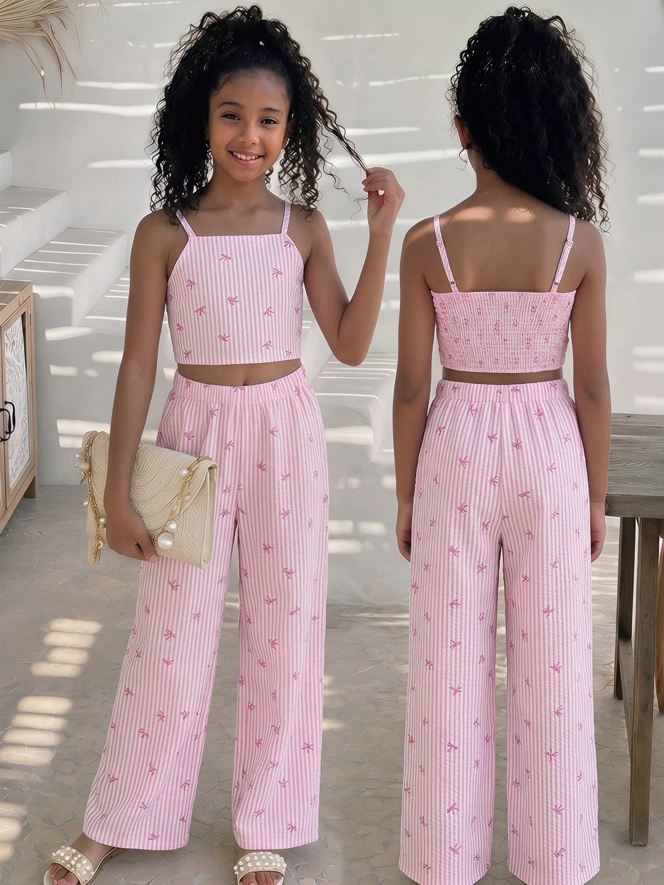 Tween girls casual 2-piece set featuring an apricot woven camisole crop top with back shirring and matching high-waisted loose long pants.