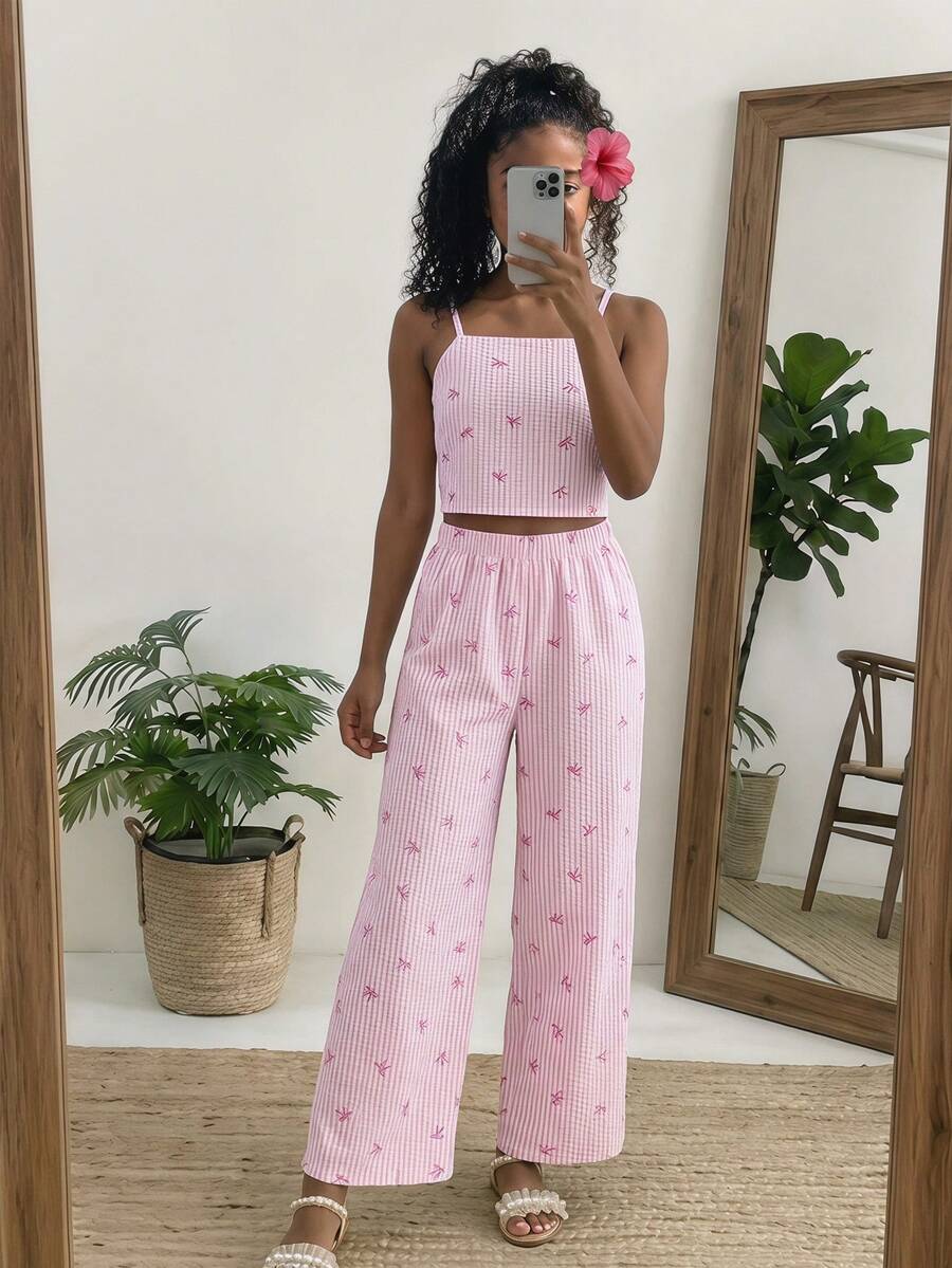 Tween girls casual 2-piece set featuring an apricot woven camisole crop top with back shirring and matching high-waisted loose long pants.