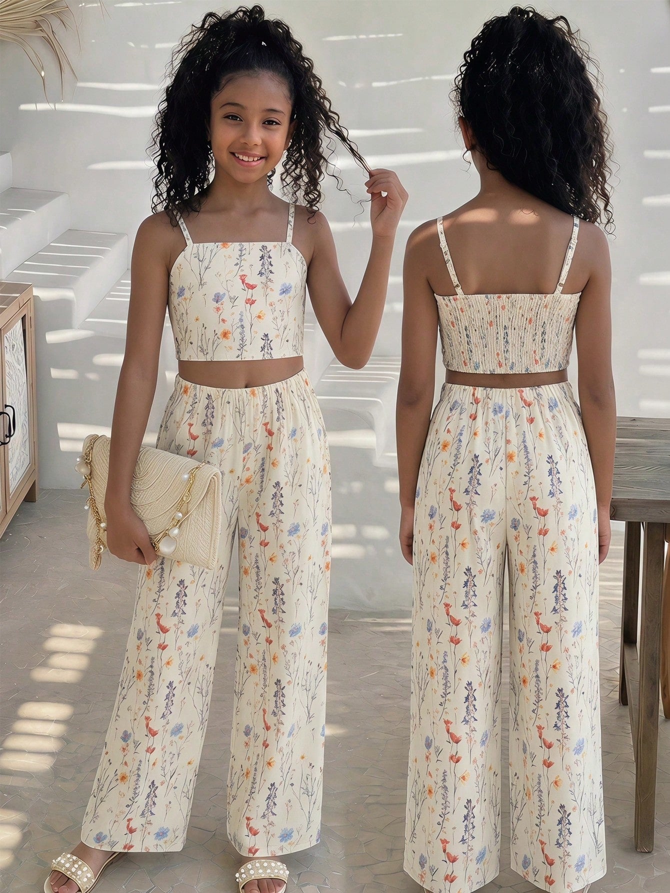 Tween girls casual 2-piece set featuring an apricot woven camisole crop top with back shirring and matching high-waisted loose long pants.