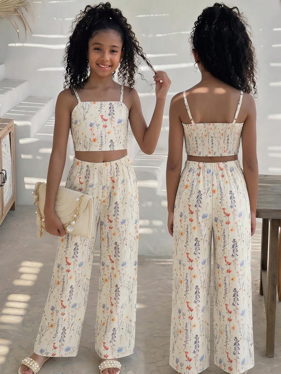 Tween girls casual 2-piece set featuring an apricot woven camisole crop top with back shirring and matching high-waisted loose long pants.