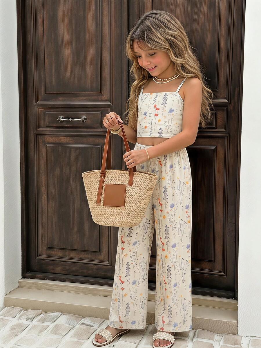 Tween girls casual 2-piece set featuring an apricot woven camisole crop top with back shirring and matching high-waisted loose long pants.