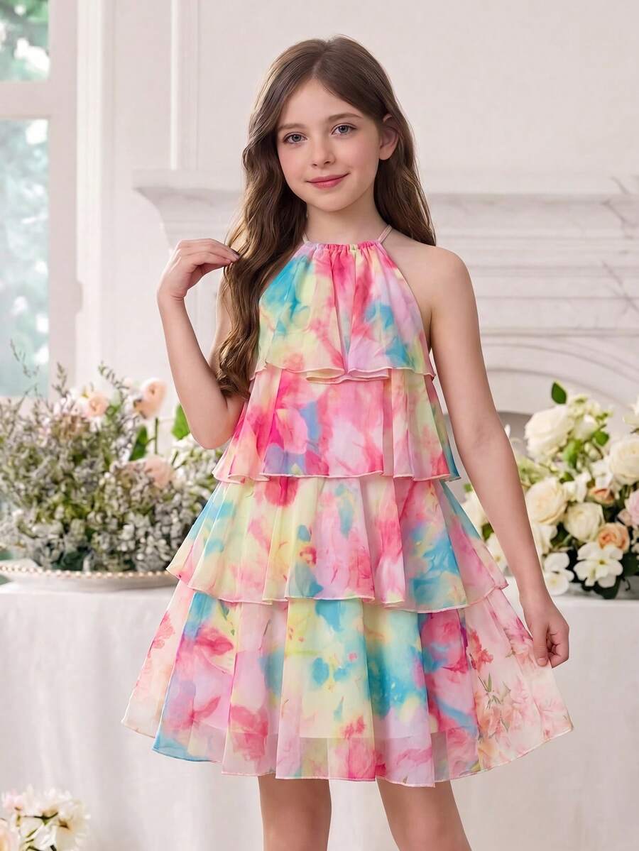 Apricot all-over floral print midi dress for tween girls featuring a sleeveless V-neckline, high waist, button details, and tiered A-line skirt.