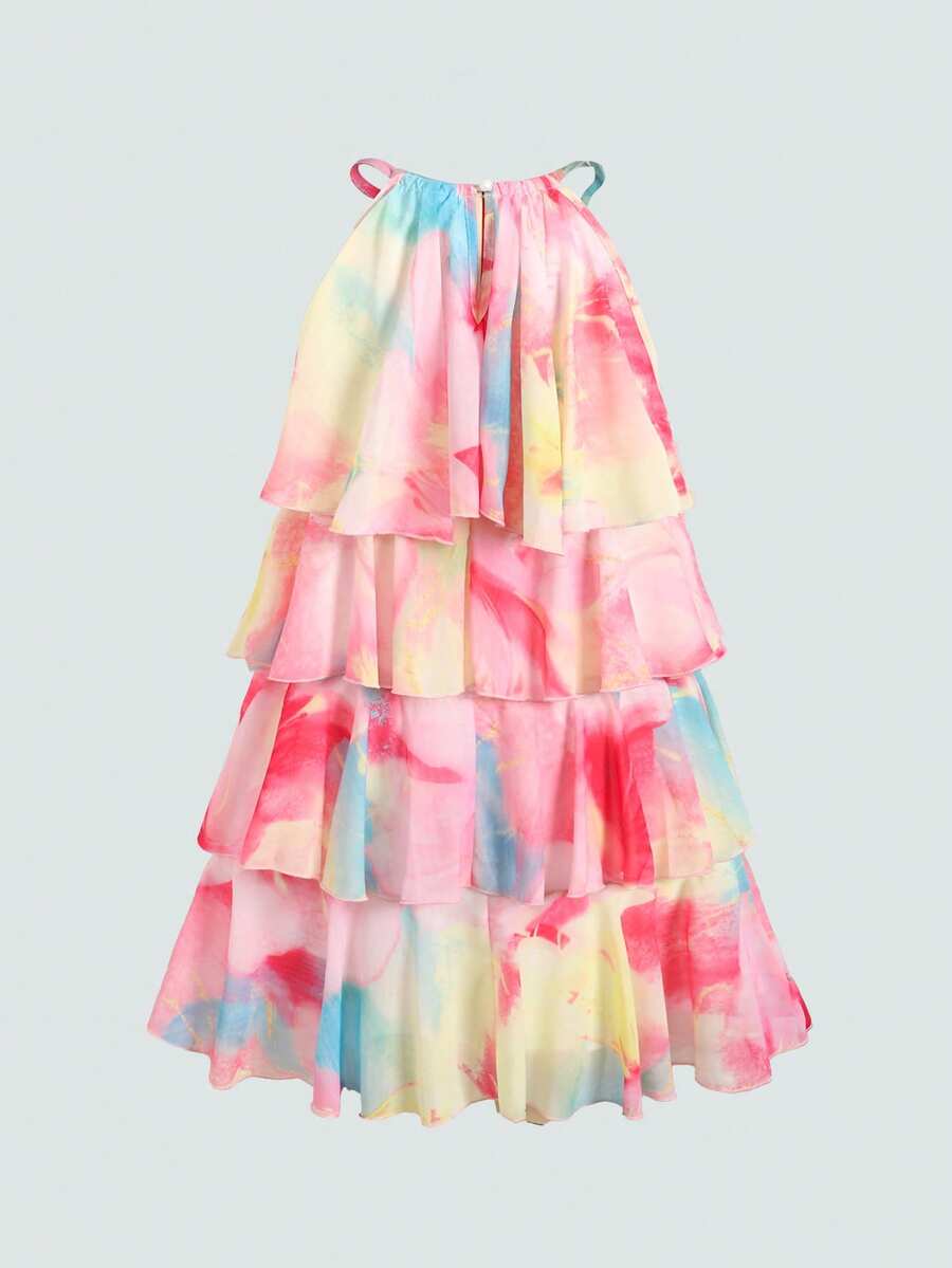 Apricot all-over floral print midi dress for tween girls featuring a sleeveless V-neckline, high waist, button details, and tiered A-line skirt.