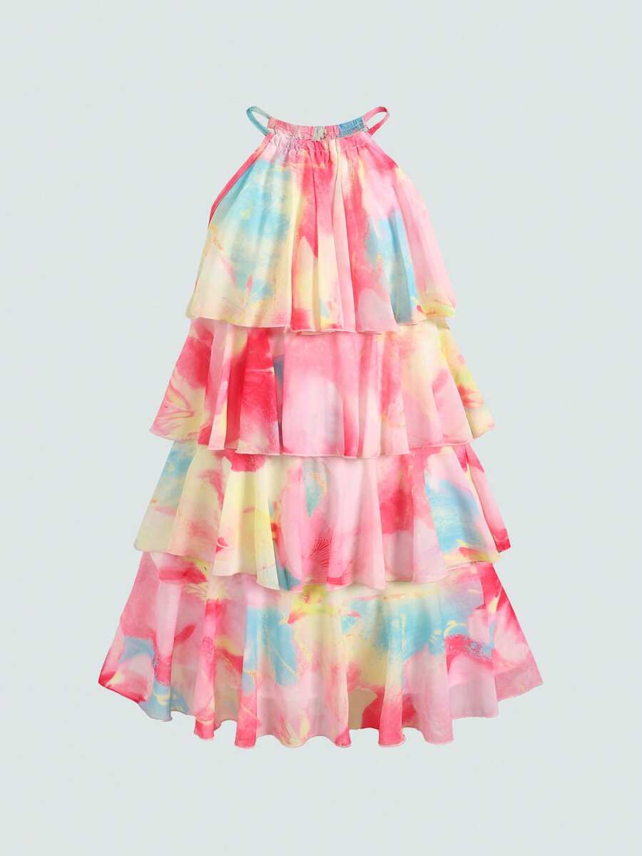 Apricot all-over floral print midi dress for tween girls featuring a sleeveless V-neckline, high waist, button details, and tiered A-line skirt.
