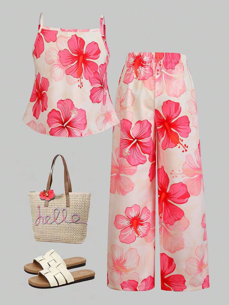 Tween girl wearing an apricot 2-piece outfit set featuring a shirred spaghetti strap short cami top and matching wide-leg long pants.