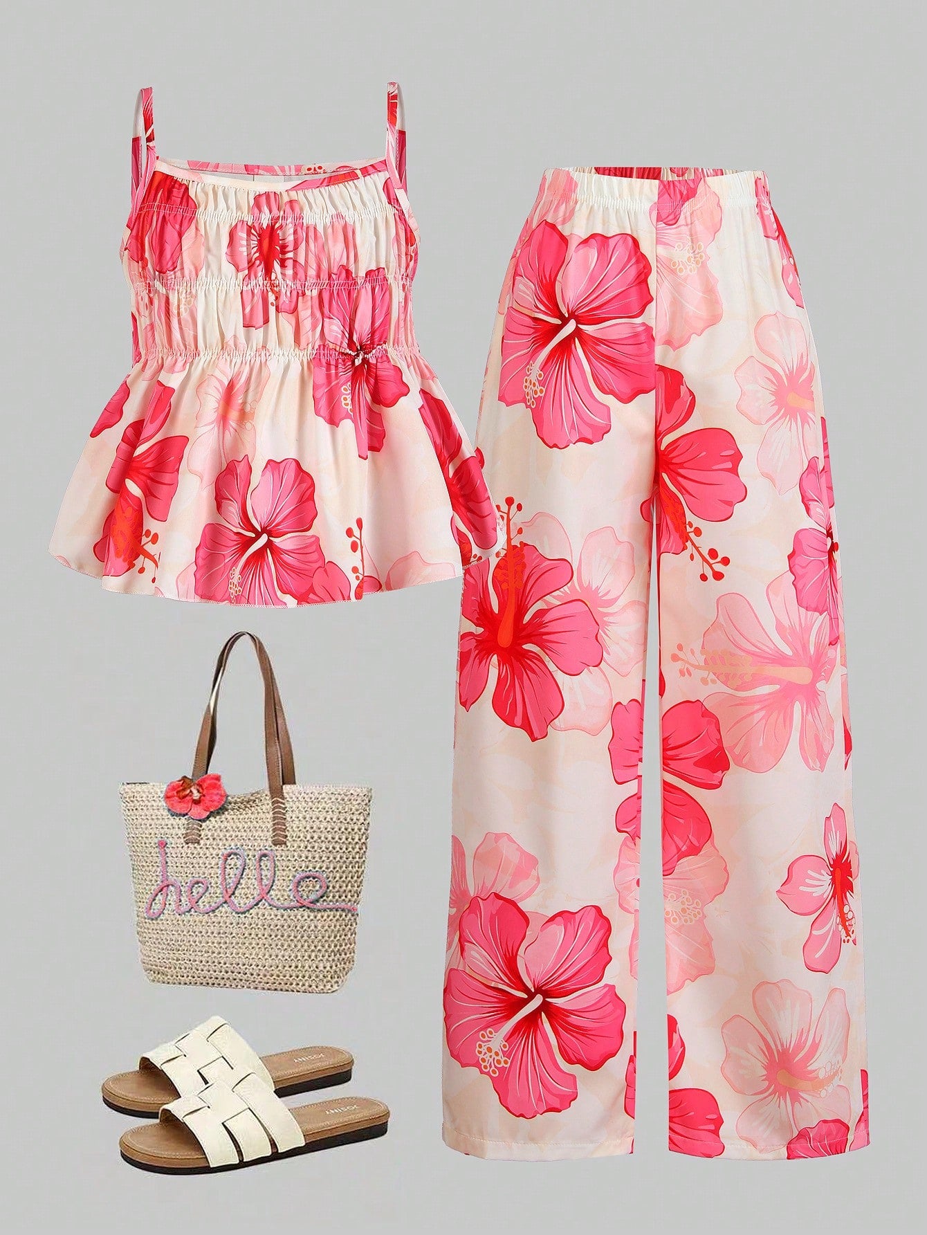 Tween girl wearing an apricot 2-piece outfit set featuring a shirred spaghetti strap short cami top and matching wide-leg long pants.