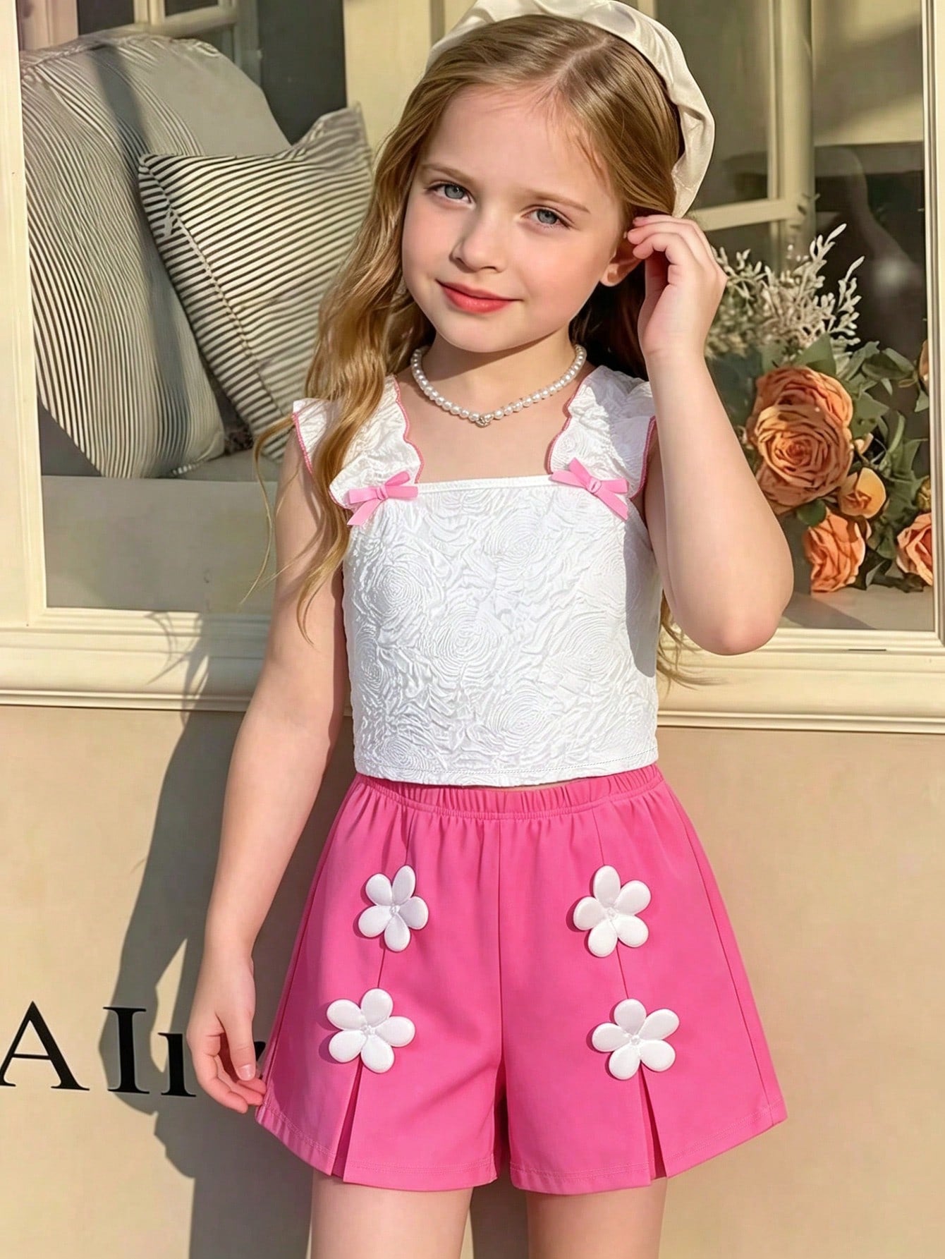 Apricot two-piece summer outfit for tween girls featuring a sleeveless pleated square-neck camisole top with button details and matching gathered shorts.
