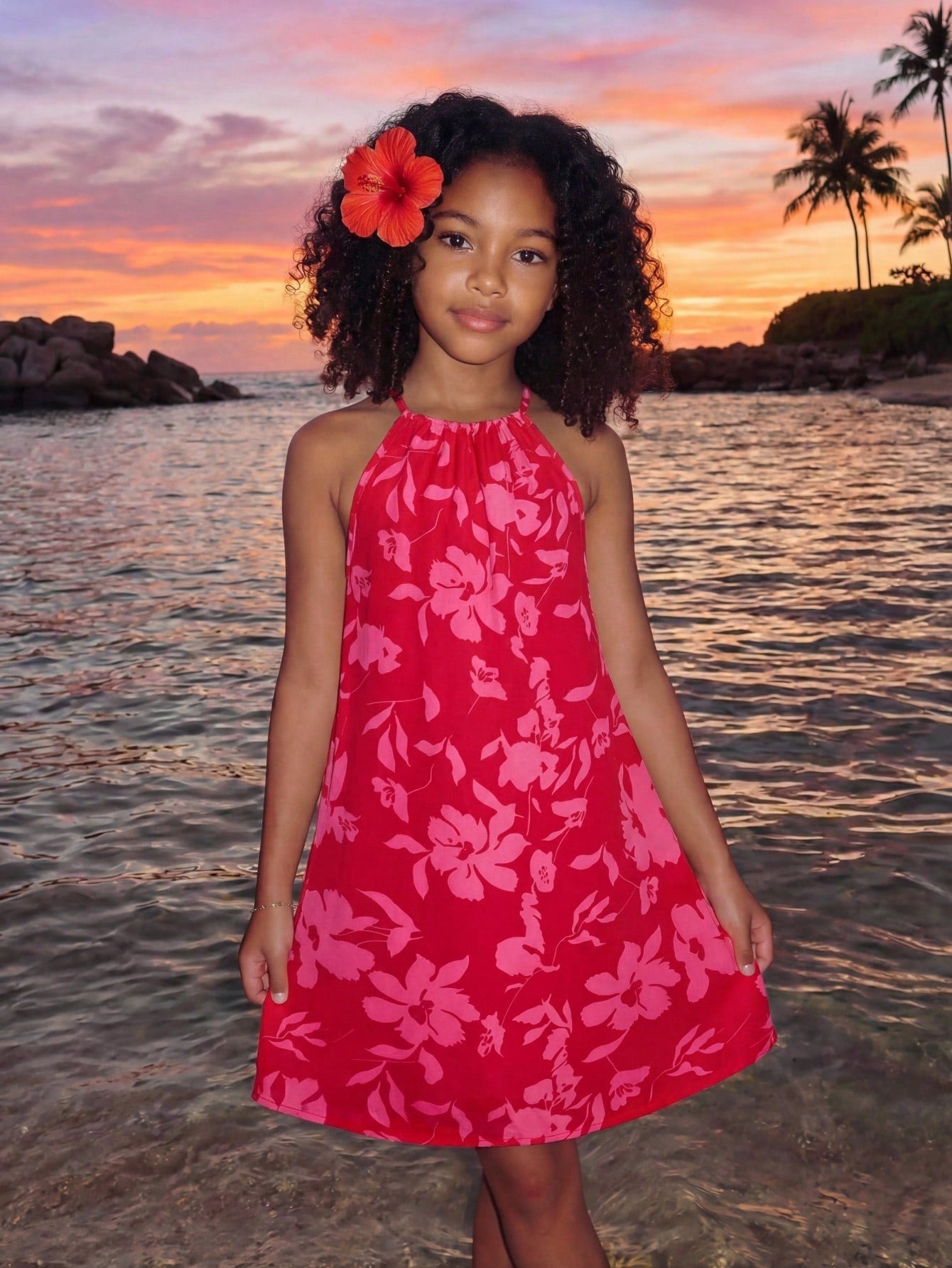 Tween girls floral halter neck sleeveless tunic dress with button detail, plant pattern, loose fit, short length, and vacation style for casual summer wear.