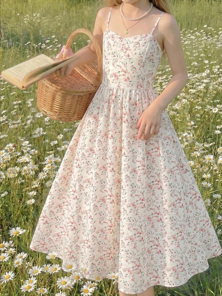 Tween girl pink ditsy floral camisole long dress with spaghetti straps, shirred ruched bust, high waist, and flared hem