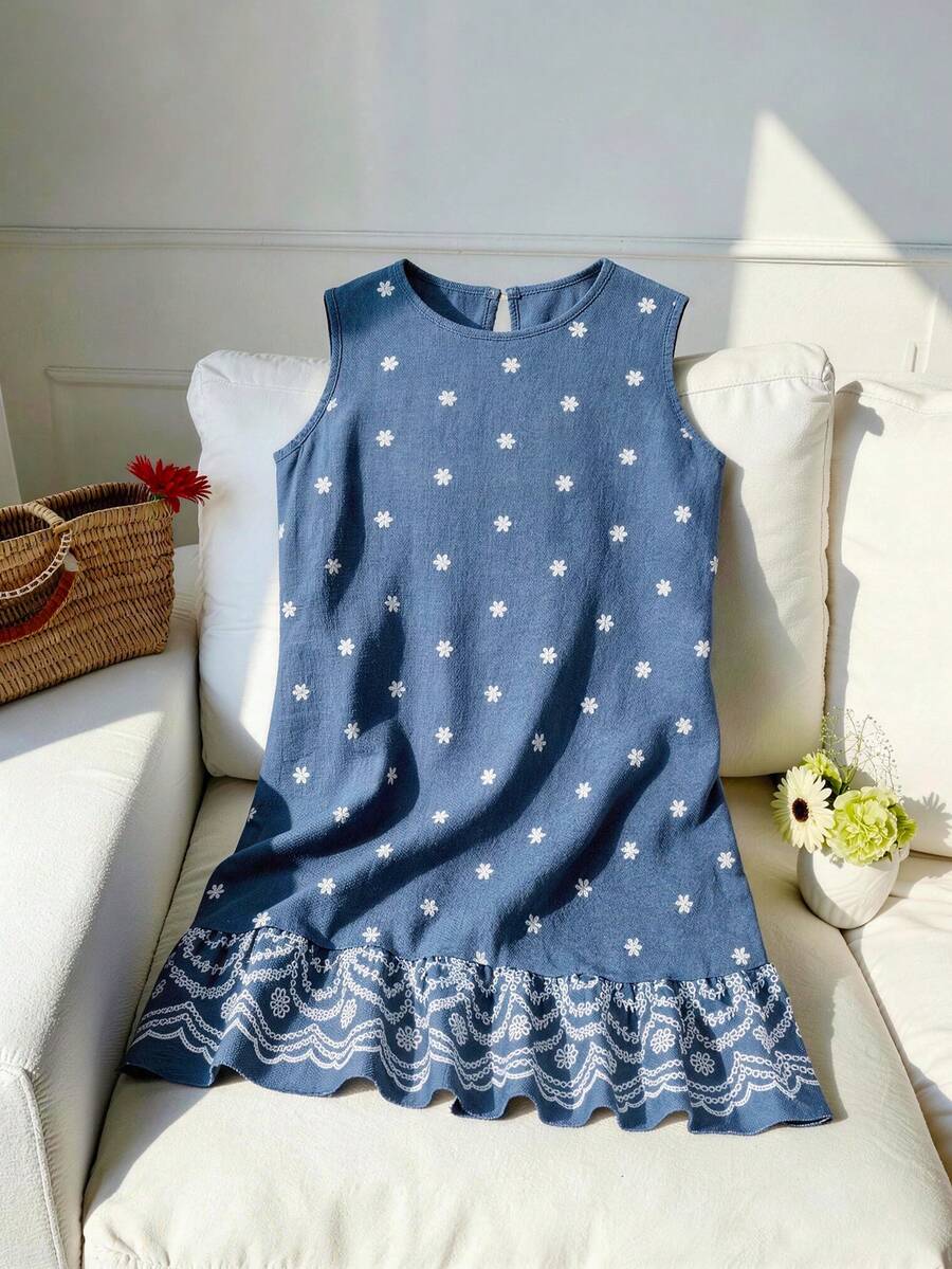 Tween girls casual leopard print smock mini dress featuring a round neck and flounce ruffle hem.
