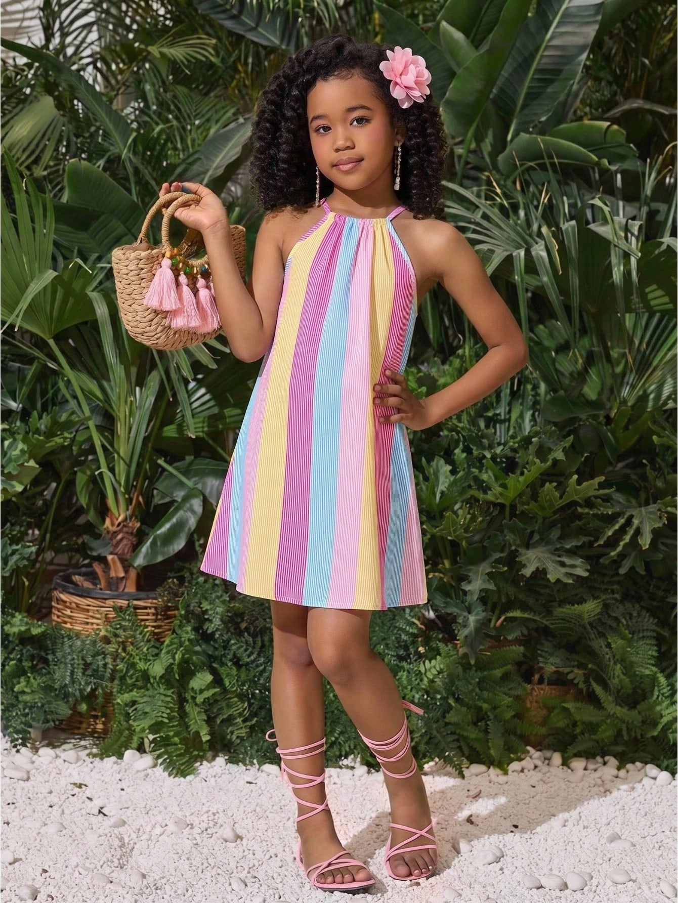 Tween girls sleeveless halter tunic dress with colorful rainbow striped colorblock pattern, button detail, short length, and regular fit for summer vacation or beach wear.