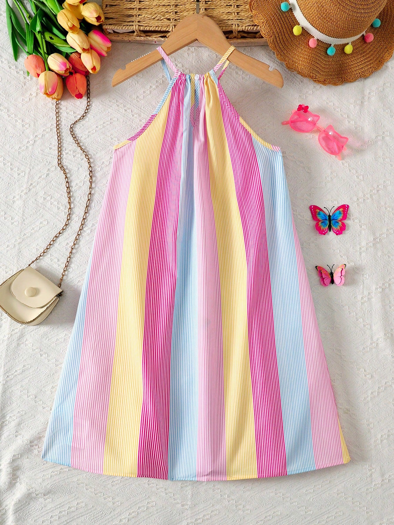 Tween girls sleeveless halter tunic dress with colorful rainbow striped colorblock pattern, button detail, short length, and regular fit for summer vacation or beach wear.