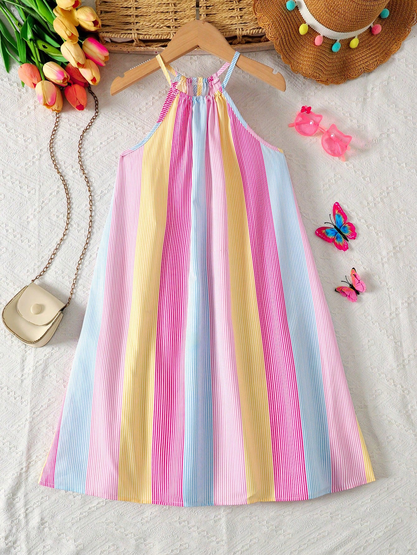 Tween girls sleeveless halter tunic dress with colorful rainbow striped colorblock pattern, button detail, short length, and regular fit for summer vacation or beach wear.
