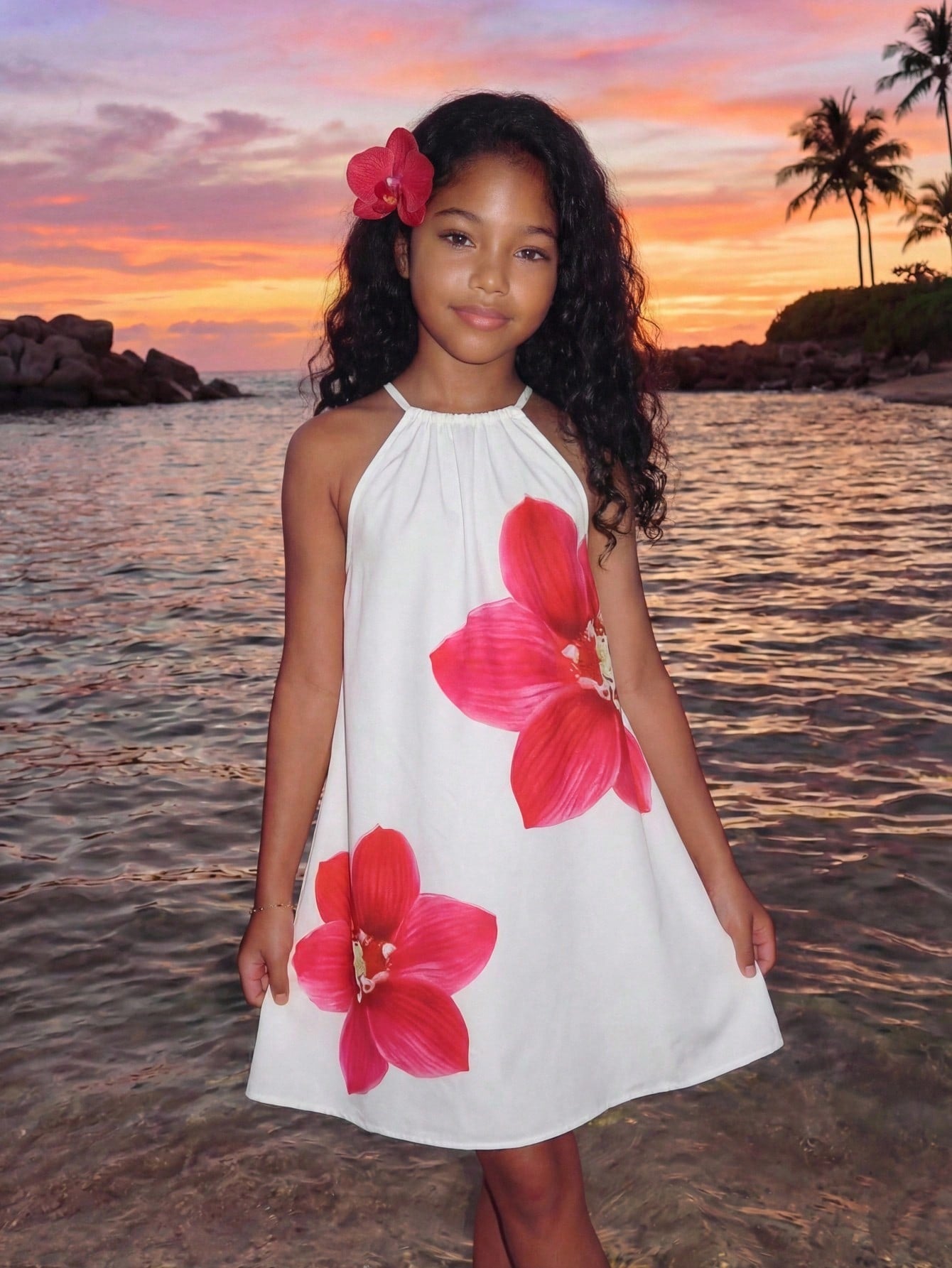 Tween girls floral halter A-line dress with contrast lace, applique and fringe details, sleeveless short length in polyester