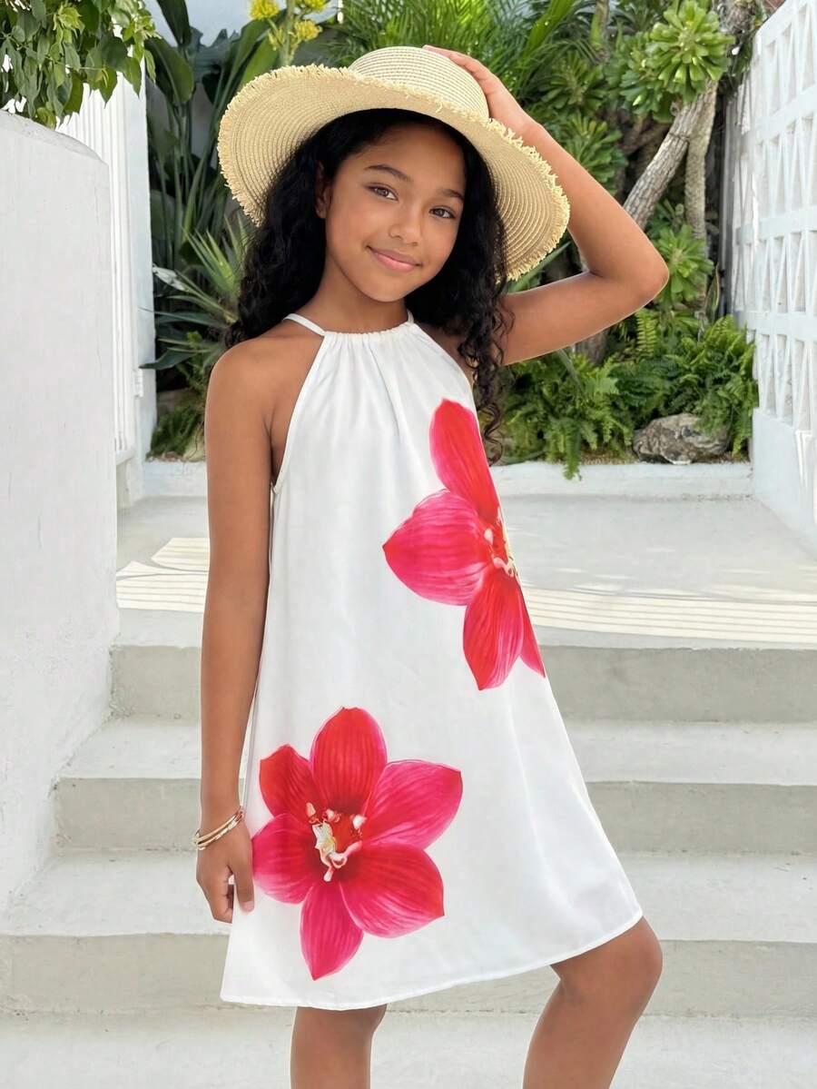 Tween girls floral halter A-line dress with contrast lace, applique and fringe details, sleeveless short length in polyester